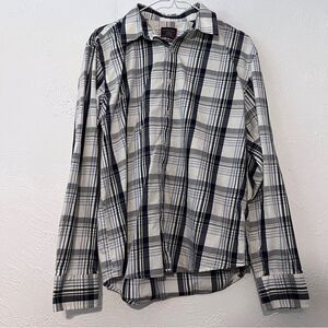 Untuckit Shirt Men's Medium Blue White Plaid Cotton Button Up Dress Casual